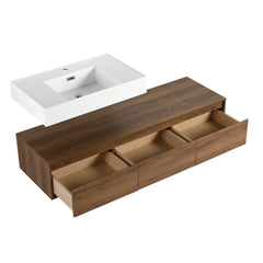 AISU Modern Brown Ebony 60 Inch Wall-Mounted Bathroom Vanity with Resin Sink and Soft Close Drawer