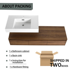 AISU Modern Brown Ebony 60 Inch Wall-Mounted Bathroom Vanity with Resin Sink and Soft Close Drawer