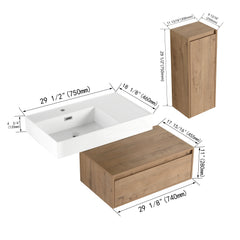 AISU 30" Modern Wall-Mounted Bathroom Vanity with Resin Sink and Side Cabinet, Imitative Oak