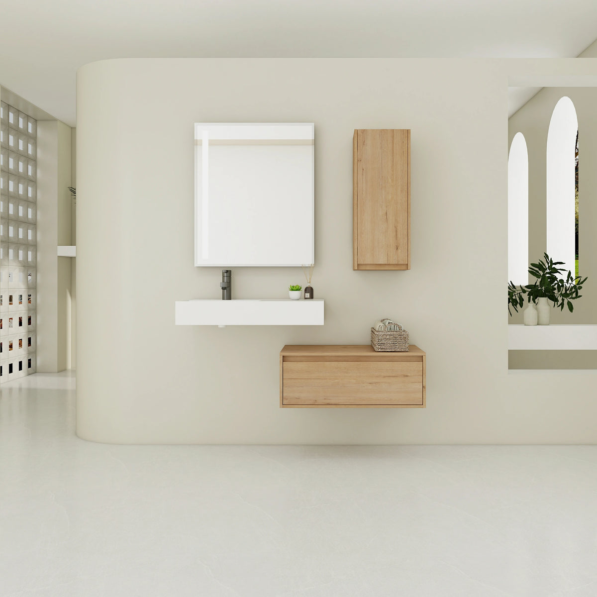 AISU 30" Modern Wall-Mounted Bathroom Vanity with Resin Sink and Side Cabinet, Imitative Oak