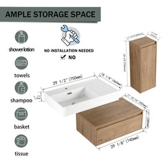 AISU 30" Modern Wall-Mounted Bathroom Vanity with Resin Sink and Side Cabinet, Imitative Oak