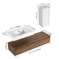 AISU Modern 60-Inch Wall-Mounted Bathroom Vanity with Resin Sink and Side Cabinet in Brown Ebony