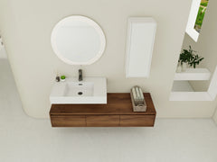AISU Modern 60-Inch Wall-Mounted Bathroom Vanity with Resin Sink and Side Cabinet in Brown Ebony
