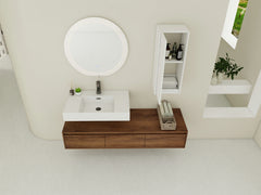AISU Modern 60-Inch Wall-Mounted Bathroom Vanity with Resin Sink and Side Cabinet in Brown Ebony
