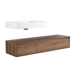 AISU Modern 60-Inch Wall-Mounted Bathroom Vanity with Resin Sink and Side Cabinet in Brown Ebony