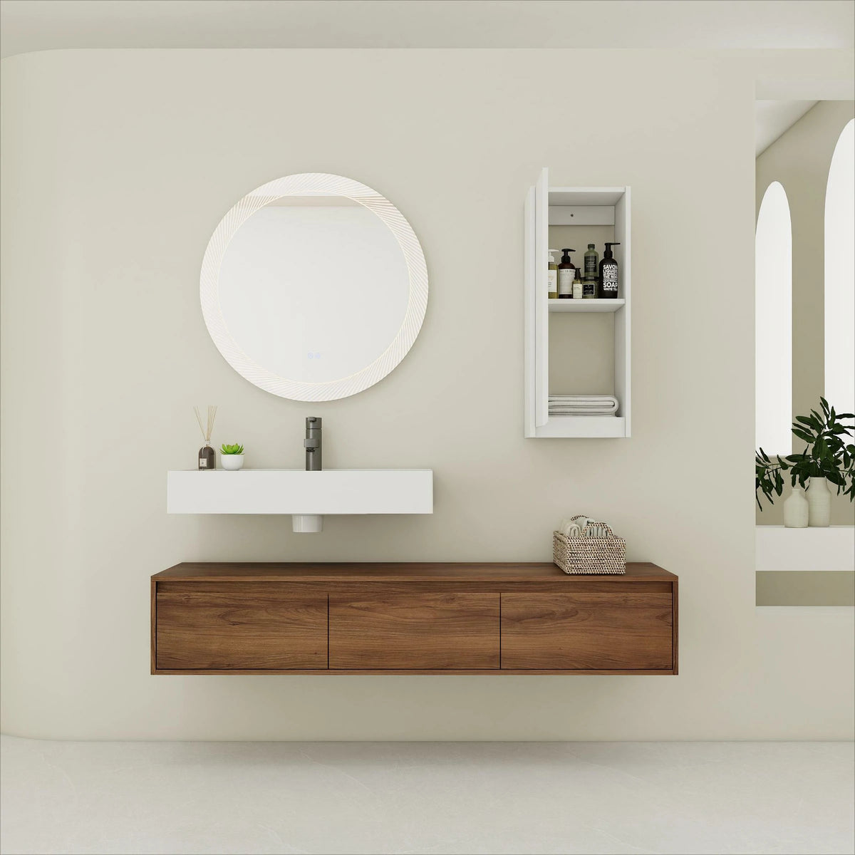 AISU Modern 60-Inch Wall-Mounted Bathroom Vanity with Resin Sink and Side Cabinet in Brown Ebony