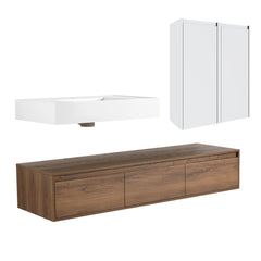 AISU 60" Brown Ebony Wall-Mounted Bathroom Vanity with Resin Sink and 2-Side Cabinet, 3-Soft Close Drawer