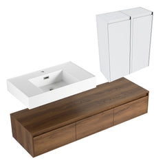 AISU 60" Brown Ebony Wall-Mounted Bathroom Vanity with Resin Sink and 2-Side Cabinet, 3-Soft Close Drawer
