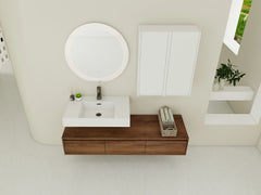 AISU 60" Brown Ebony Wall-Mounted Bathroom Vanity with Resin Sink and 2-Side Cabinet, 3-Soft Close Drawer