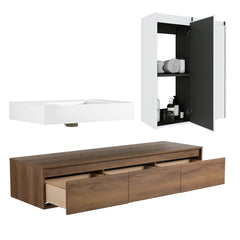 AISU 60" Brown Ebony Wall-Mounted Bathroom Vanity with Resin Sink and 2-Side Cabinet, 3-Soft Close Drawer