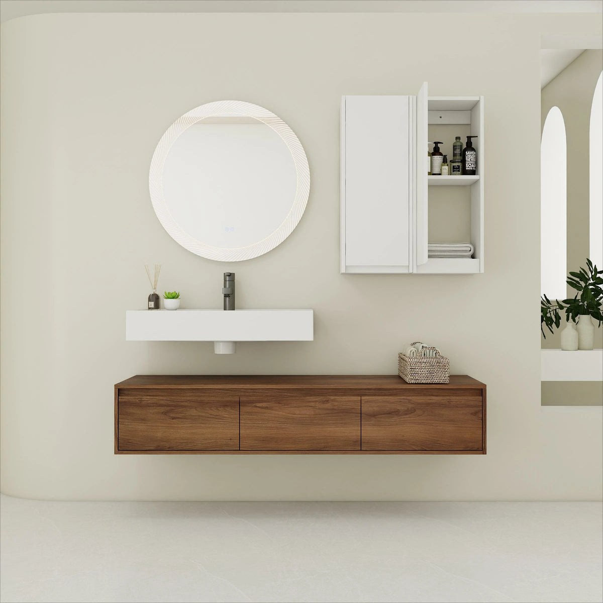 AISU 60" Brown Ebony Wall-Mounted Bathroom Vanity with Resin Sink and 2-Side Cabinet, 3-Soft Close Drawer