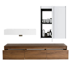 AISU 60" Brown Ebony Wall-Mounted Bathroom Vanity with Resin Sink and 2-Side Cabinet, 3-Soft Close Drawer