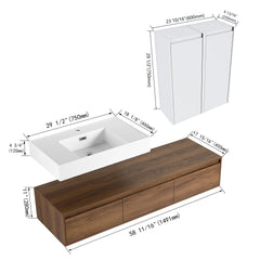AISU 60" Brown Ebony Wall-Mounted Bathroom Vanity with Resin Sink and 2-Side Cabinet, 3-Soft Close Drawer
