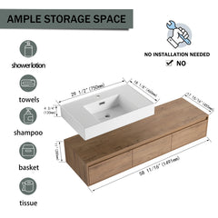 AISU 60" Modern Wall-Mounted Bathroom Vanity with Resin Sink, Soft Close Drawer, Imitative Oak Finish