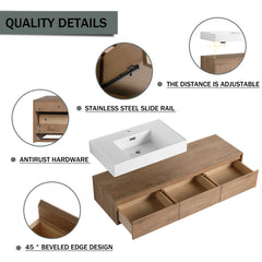 AISU 60" Modern Wall-Mounted Bathroom Vanity with Resin Sink, Soft Close Drawer, Imitative Oak Finish