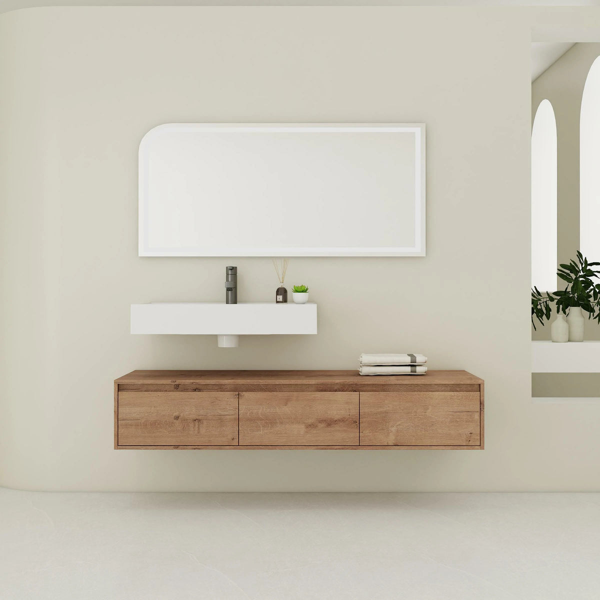 AISU 60" Modern Wall-Mounted Bathroom Vanity with Resin Sink, Soft Close Drawer, Imitative Oak Finish