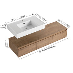 AISU 60" Modern Wall-Mounted Bathroom Vanity with Resin Sink, Soft Close Drawer, Imitative Oak Finish