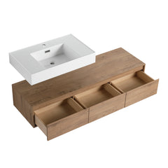 AISU 60" Modern Wall-Mounted Bathroom Vanity with Resin Sink, Soft Close Drawer, Imitative Oak Finish