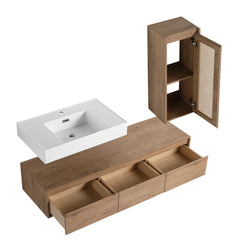 AISU Imitative Oak 60 Inch Wall-Mounted Bathroom Vanity with Resin Sink and Side Cabinet, Soft Close Drawers
