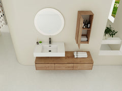 AISU Imitative Oak 60 Inch Wall-Mounted Bathroom Vanity with Resin Sink and Side Cabinet, Soft Close Drawers