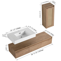 AISU Imitative Oak 60 Inch Wall-Mounted Bathroom Vanity with Resin Sink and Side Cabinet, Soft Close Drawers