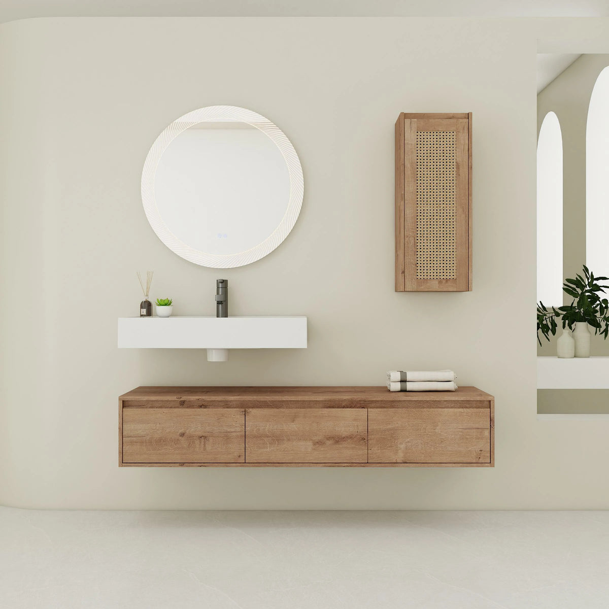 AISU Imitative Oak 60 Inch Wall-Mounted Bathroom Vanity with Resin Sink and Side Cabinet, Soft Close Drawers