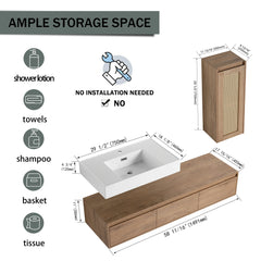 AISU Imitative Oak 60 Inch Wall-Mounted Bathroom Vanity with Resin Sink and Side Cabinet, Soft Close Drawers