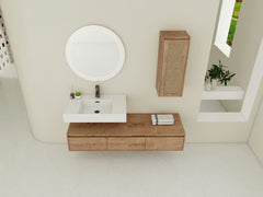 AISU Imitative Oak 60 Inch Wall-Mounted Bathroom Vanity with Resin Sink and Side Cabinet, Soft Close Drawers