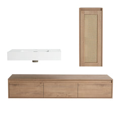 AISU Imitative Oak 60 Inch Wall-Mounted Bathroom Vanity with Resin Sink and Side Cabinet, Soft Close Drawers