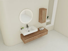 AISU Imitative Oak 60 Inch Wall-Mounted Bathroom Vanity with Resin Sink and Side Cabinet, Soft Close Drawers