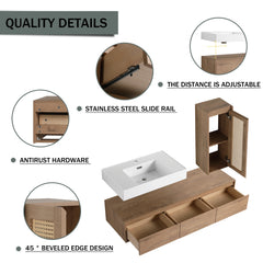 AISU Imitative Oak 60 Inch Wall-Mounted Bathroom Vanity with Resin Sink and Side Cabinet, Soft Close Drawers