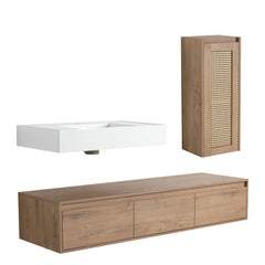 AISU Imitative Oak 60 Inch Wall-Mounted Bathroom Vanity with Resin Sink and Side Cabinet, Soft Close Drawers