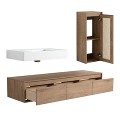 AISU Imitative Oak 60 Inch Wall-Mounted Bathroom Vanity with Resin Sink and Side Cabinet, Soft Close Drawers
