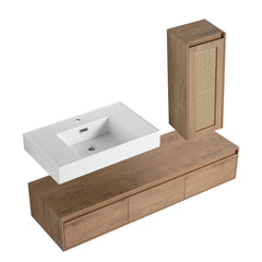 AISU Imitative Oak 60 Inch Wall-Mounted Bathroom Vanity with Resin Sink and Side Cabinet, Soft Close Drawers