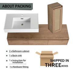 AISU Imitative Oak 60 Inch Wall-Mounted Bathroom Vanity with Resin Sink and Side Cabinet, Soft Close Drawers