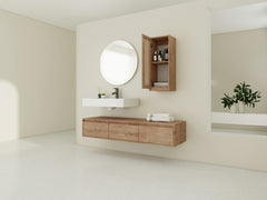 AISU Imitative Oak 60 Inch Wall-Mounted Bathroom Vanity with Resin Sink and Side Cabinet, Soft Close Drawers