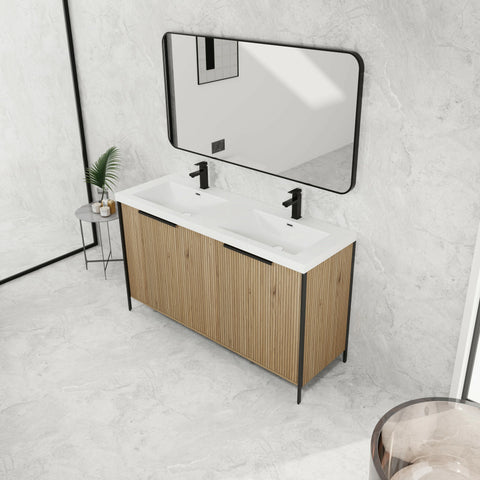 AISU 60' Freestanding Bathroom Vanity with Double Resin Sink & 4 Soft-Close Cabinet Doors