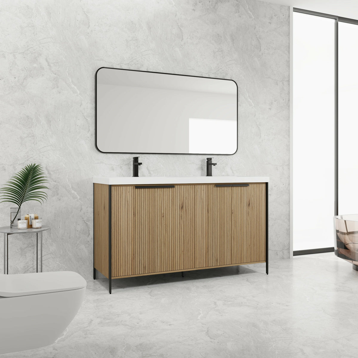 AISU 60' Freestanding Bathroom Vanity with Double Resin Sink & 4 Soft-Close Cabinet Doors
