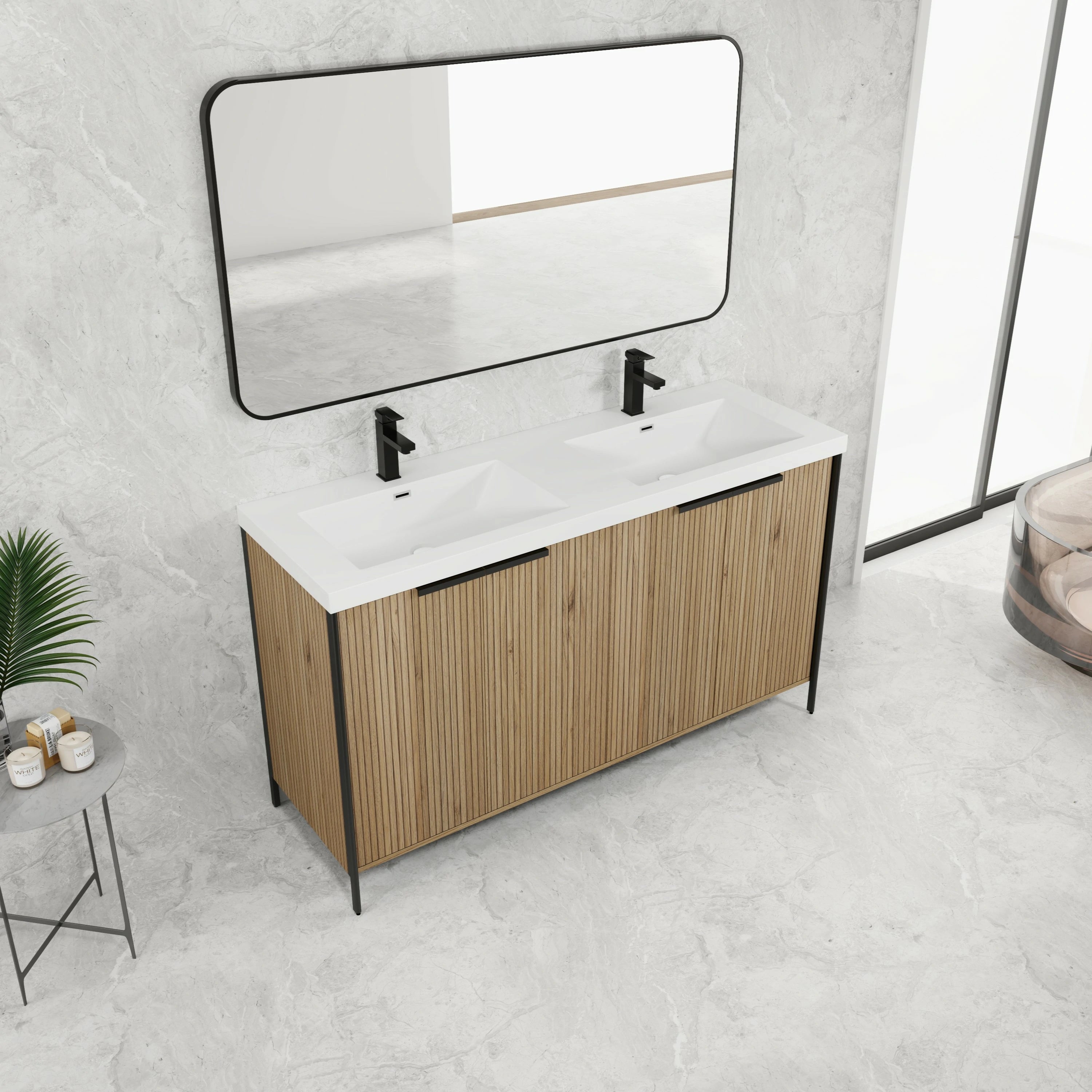 AISU 60' Freestanding Bathroom Vanity with Double Resin Sink & 4 Soft-Close Cabinet Doors