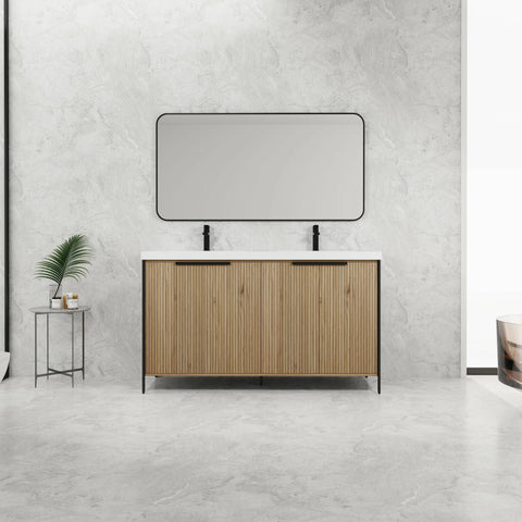 AISU 60' Freestanding Bathroom Vanity with Double Resin Sink & 4 Soft-Close Cabinet Doors