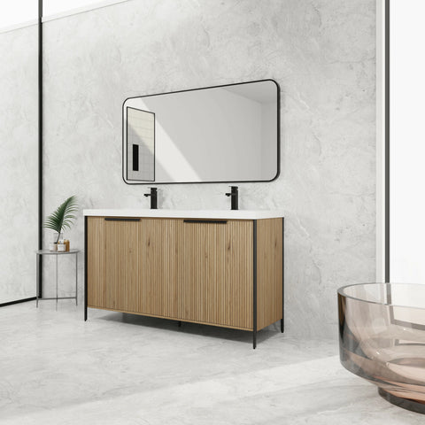 AISU 60' Freestanding Bathroom Vanity with Double Resin Sink & 4 Soft-Close Cabinet Doors