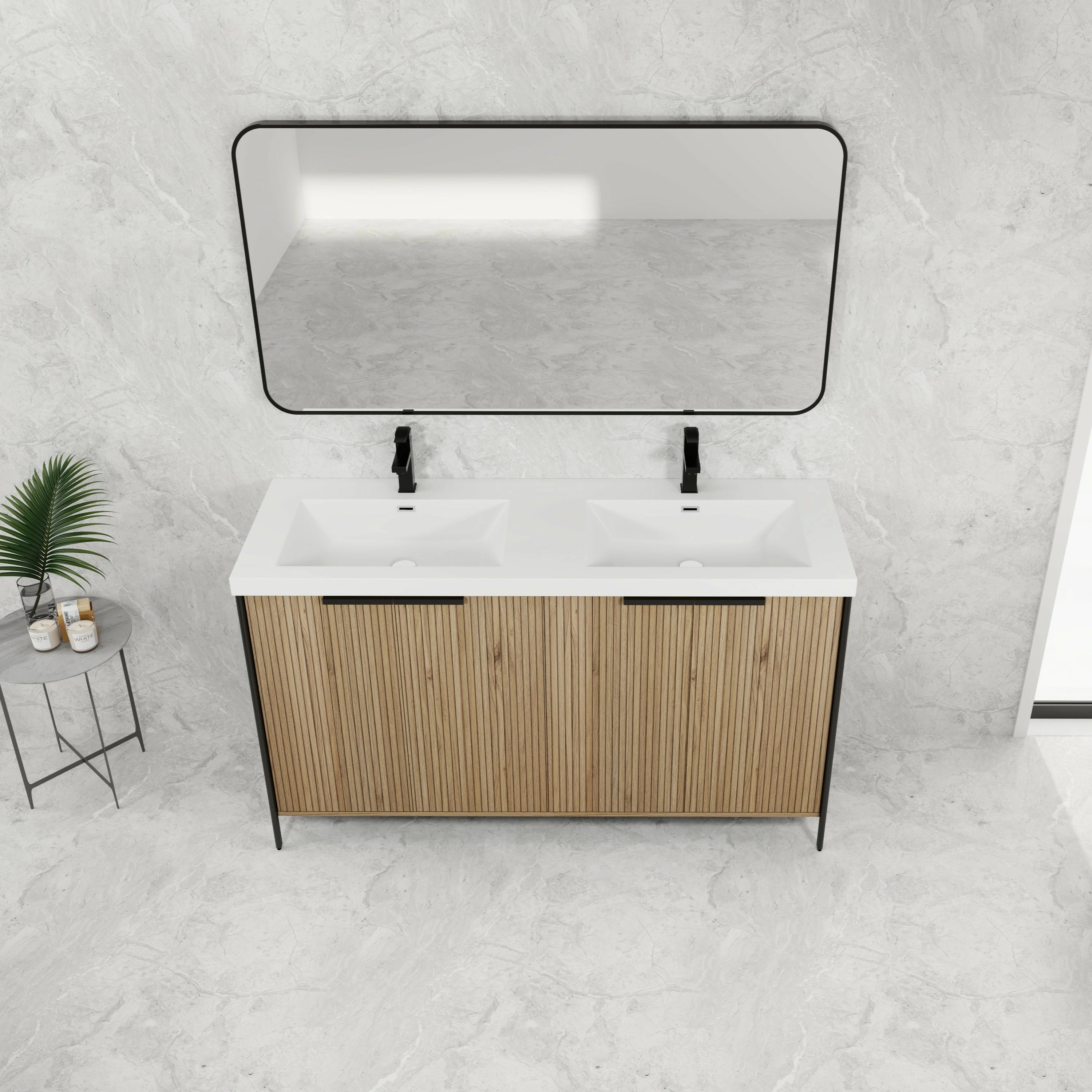 AISU 60' Freestanding Bathroom Vanity with Double Resin Sink & 4 Soft-Close Cabinet Doors