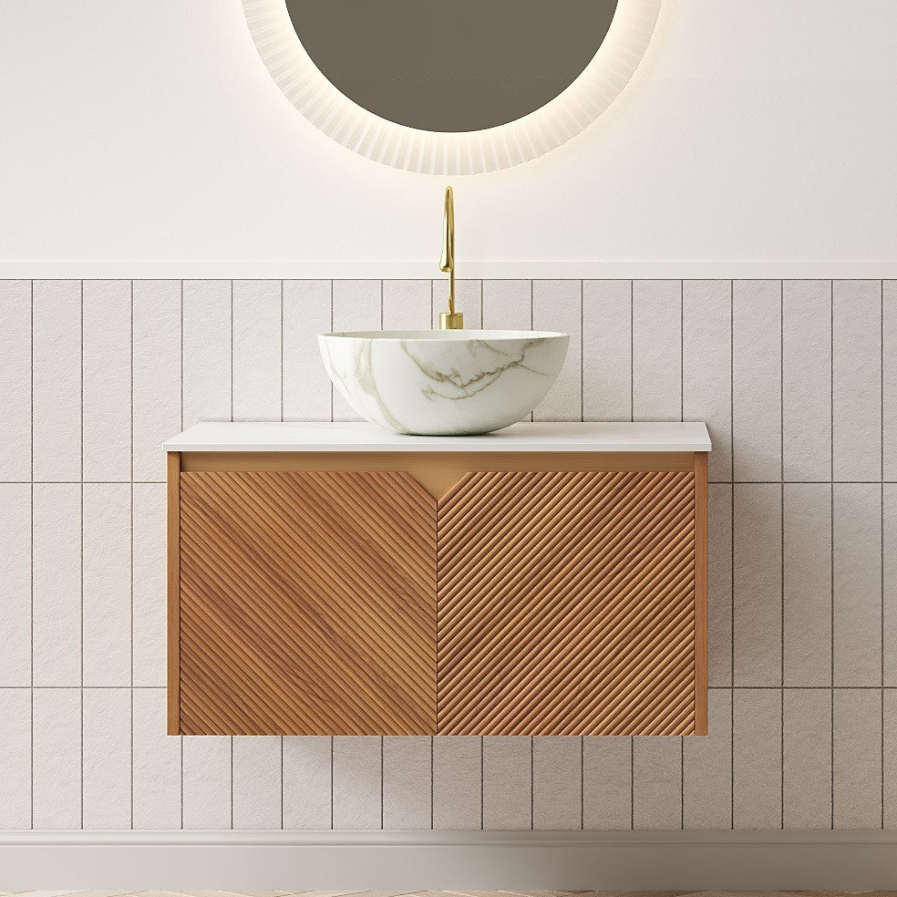 AISU 30" Bathroom Vanity&Sink, Floating Plywood Storage Cabinet, Twill Double Doors with Metal Trim, Stone Pattern White Bowl Ceramic Vessel Basin&Sintered Stone Top, Brown Oak Woodgrain Color