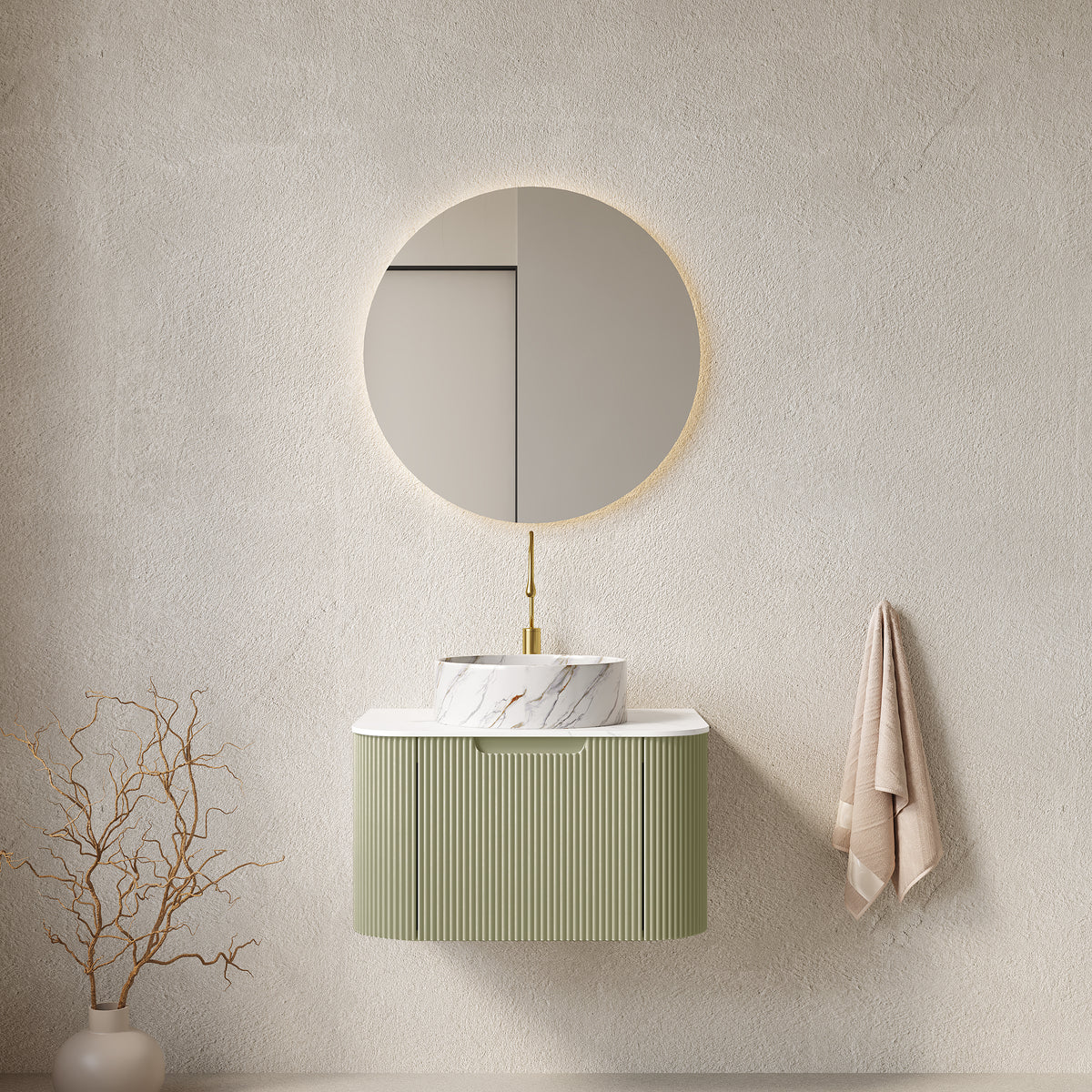 AISU 24" Bathroom Vanity with Sink, Curved Edges Striped, White Round Ceramic Basin with Stone Pattern, Light Green Color