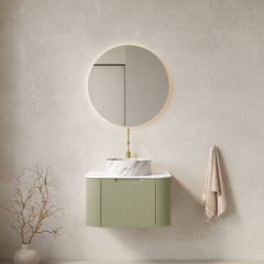 AISU 24" Bathroom Vanity with Sink, Curved Edges Striped, White Round Ceramic Basin with Stone Pattern, Light Green Color