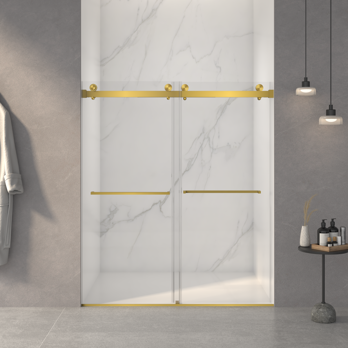 AISU 56-60"W x 70"H Frameless Double Sliding Shower Door, 5/16" (8mm) Thick SGCC Tempered Clear Glass, Easy Clean Coat, Brushed Gold Finished With Buffer
