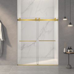 AISU 56-60"W x 70"H Frameless Double Sliding Shower Door, 5/16" (8mm) Thick SGCC Tempered Clear Glass, Easy Clean Coat, Brushed Gold Finished With Buffer