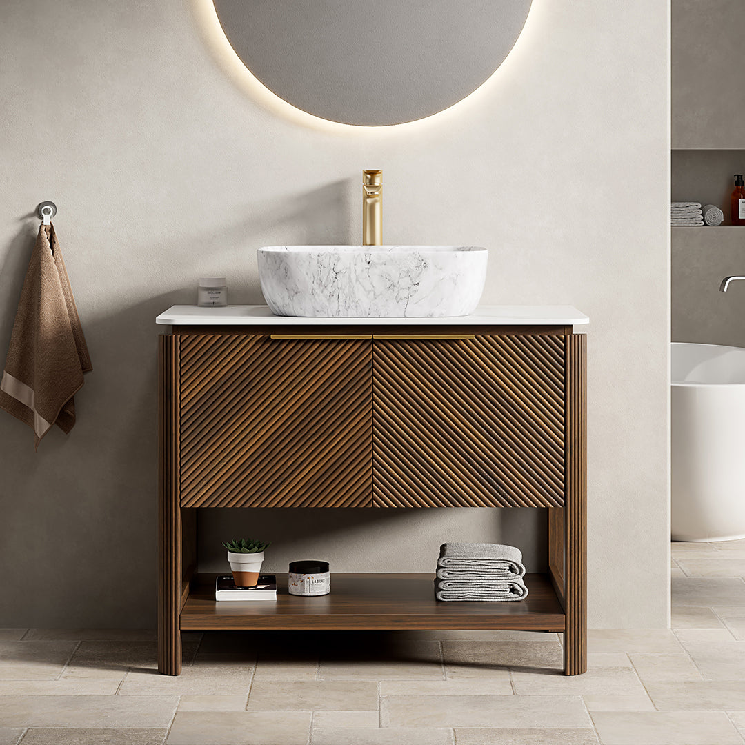 AISU 36" Freestanding Plywood Bathroom Cabinet with 2 Diagonal Striped Doors&Open Shelf, Marble Pattern Ceramic Basin&Carrara White Sintered Stone Top, Dark Walnut Woodgrain