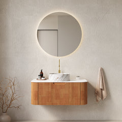 AISU 36" Bathroom Vanity with Sink, Curved Edges Striped, White Round Ceramic Basin with Stone Pattern, Natura Woodgrain Color