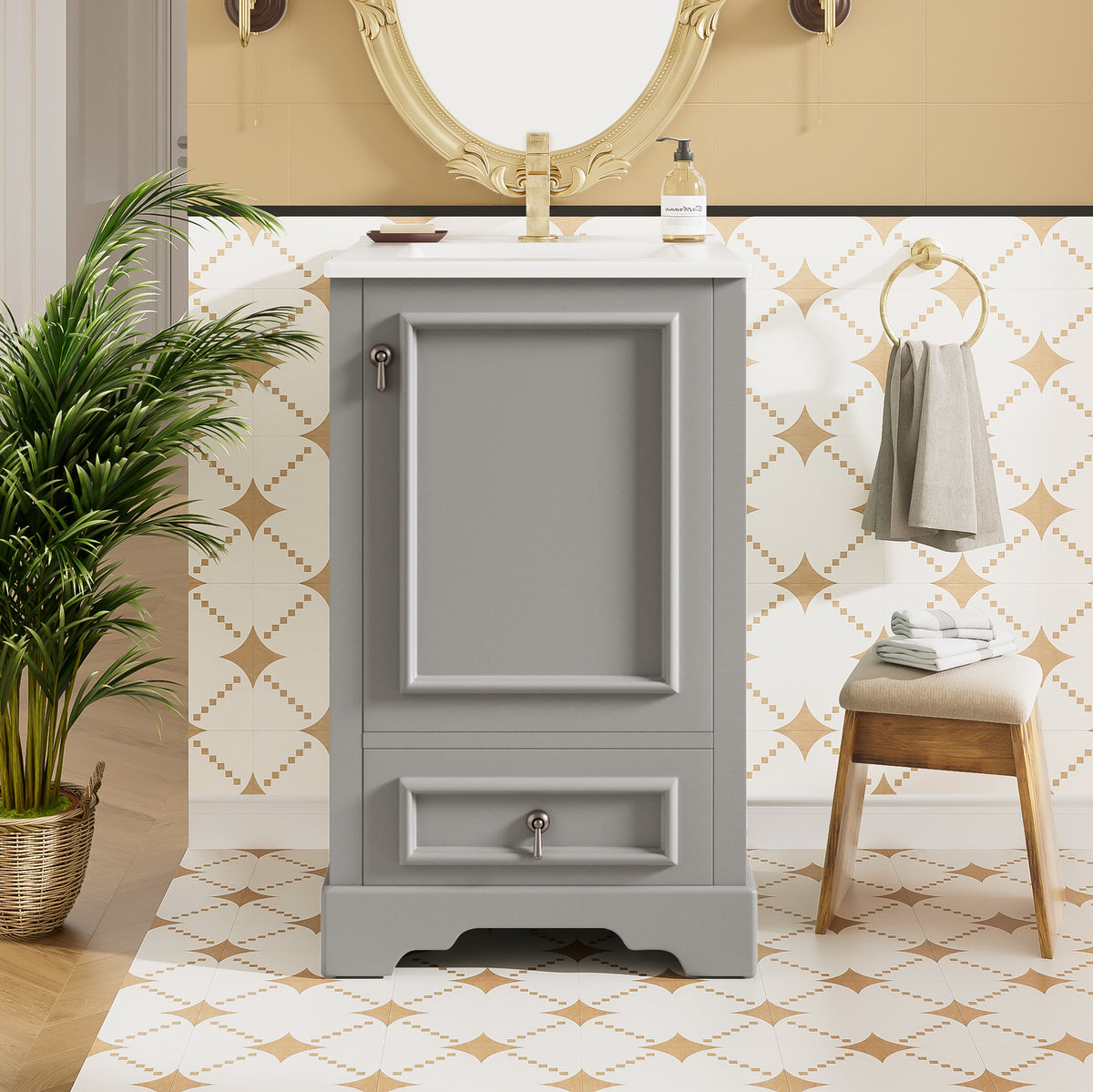 AISU 20" Modern Bathroom Vanity with Ceramic Sink, Grey + 1 Door & Drawer